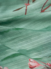 Cotton Mulmul Jacqurad Sea Green Color Floral Digital Print Fabric.