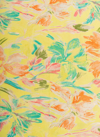 (Pre Cut-2.5 Meter) Pure Muslin Neon Yellow Color Floral Screen Print Fabric With Foil .
