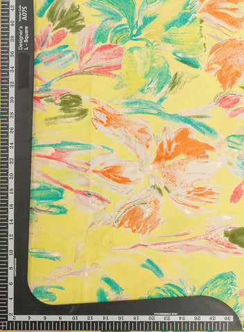 (Pre Cut-2.5 Meter) Pure Muslin Neon Yellow Color Floral Screen Print Fabric With Foil .