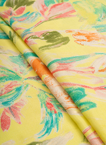 (Pre Cut-2.5 Meter) Pure Muslin Neon Yellow Color Floral Screen Print Fabric With Foil .