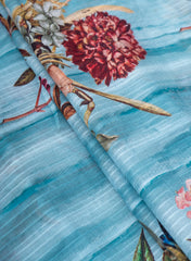 Cotton Mulmul Jacqurad Sky Blue Color Floral Digital Print Fabric.