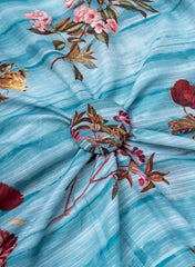 Cotton Mulmul Jacqurad Sky Blue Color Floral Digital Print Fabric.
