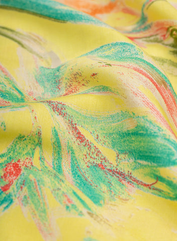 (Pre Cut-2.5 Meter) Pure Muslin Neon Yellow Color Floral Screen Print Fabric With Foil .