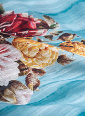 Cotton Mulmul Jacqurad Sky Blue Color Floral Digital Print Fabric.
