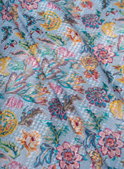 Cotton Mulmul Sky Blue Color Floral Digital Print Fabric.
