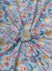 Cotton Mulmul Sky Blue Color Floral Digital Print Fabric.