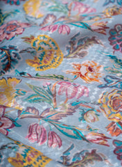 Cotton Mulmul Sky Blue Color Floral Digital Print Fabric.