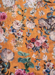 Cotton Mulmul Jacqurad Mustard Yellow Color Floral Digital Print Fabric.