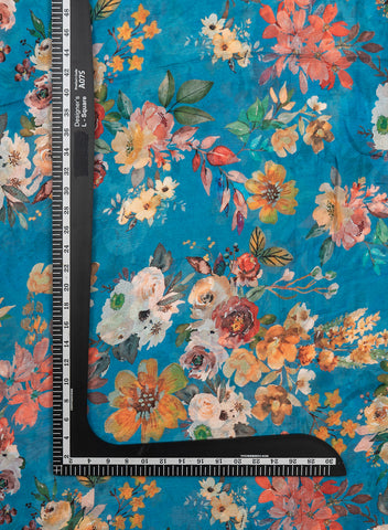 (Precut- 2.5 Meter) Pure Chinnon Chiffon Aqua Blue Color Floral Digital Print Fabric.