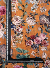 Cotton Mulmul Jacqurad Mustard Yellow Color Floral Digital Print Fabric.