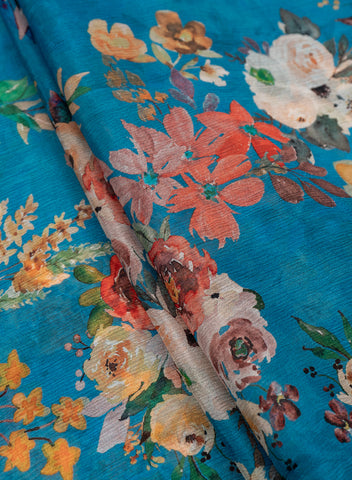 (Precut- 2.5 Meter) Pure Chinnon Chiffon Aqua Blue Color Floral Digital Print Fabric.