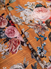 Cotton Mulmul Jacqurad Mustard Yellow Color Floral Digital Print Fabric.