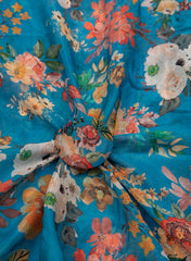 Pure Chinnon Chiffon Aqua Blue Color Floral Digital Print Fabric.