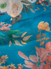 Pure Chinnon Chiffon Aqua Blue Color Floral Digital Print Fabric.