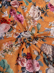 Cotton Mulmul Jacqurad Mustard Yellow Color Floral Digital Print Fabric.