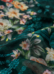 Pure Chinnon Chiffon Dark Green Color Floral Digital Print Fabric.