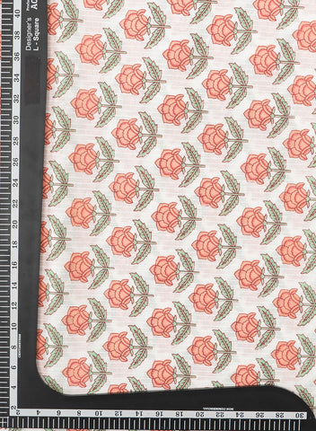 (Pre Cut-3 Meter) Pure Cotton Cambric White Color With Peach Floral Print Fabric.