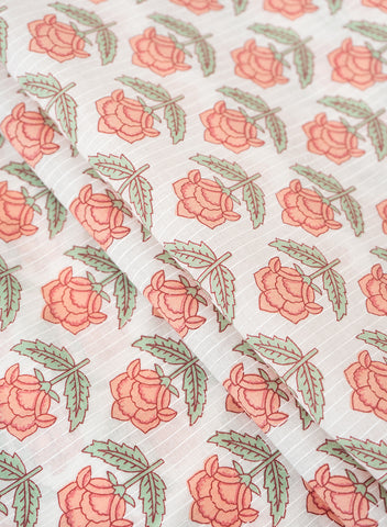 (Pre Cut-3 Meter) Pure Cotton Cambric White Color With Peach Floral Print Fabric.
