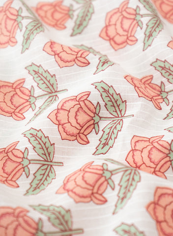 (Pre Cut-3 Meter) Pure Cotton Cambric White Color With Peach Floral Print Fabric.