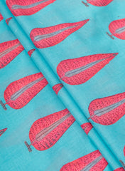 Premium Cotton Mulmul Sky Blue Color Motifs Digital Print Fabric.