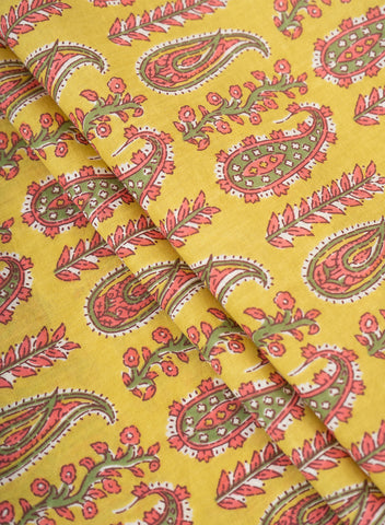 (Pre Cut-2.5 Meter) Pure Cotton Cambric Mustad Color Paisley Print Fabric.