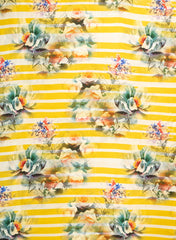 Pure Crepe Yellow Color Floral With Strip Pattern Hybrid Print Fabric.