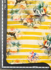 Pure Crepe Yellow Color Floral With Strip Pattern Hybrid Print Fabric.