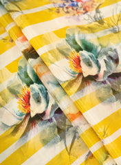 Pure Crepe Yellow Color Floral With Strip Pattern Hybrid Print Fabric.