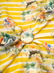 Pure Crepe Yellow Color Floral With Strip Pattern Hybrid Print Fabric.