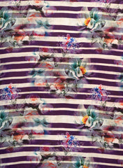 Pure Crepe Purple Color Floral With Strip Pattern Hybrid Print Fabric.