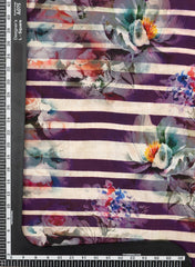 Pure Crepe Purple Color Floral With Strip Pattern Hybrid Print Fabric.