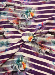 Pure Crepe Purple Color Floral With Strip Pattern Hybrid Print Fabric.