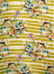 Pure Crepe Lime Green Color Floral With Strip Pattern Hybrid Print Fabric.