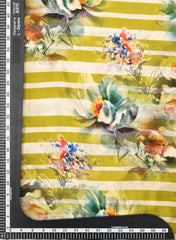 Pure Crepe Lime Green Color Floral With Strip Pattern Hybrid Print Fabric.