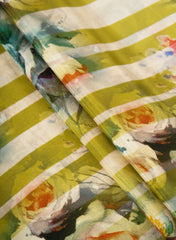 Pure Crepe Lime Green Color Floral With Strip Pattern Hybrid Print Fabric.