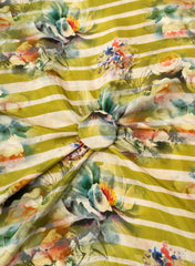 Pure Crepe Lime Green Color Floral With Strip Pattern Hybrid Print Fabric.