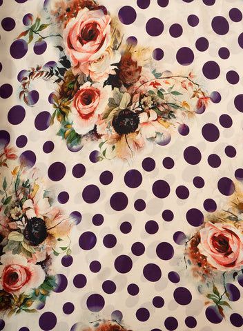 (Pre Cut-1 Meter) Pure Crepe Purple Color Floral With Polka Dots Hybrid Print Fabric.