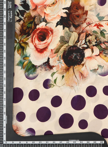(Pre Cut-1 Meter) Pure Crepe Purple Color Floral With Polka Dots Hybrid Print Fabric.
