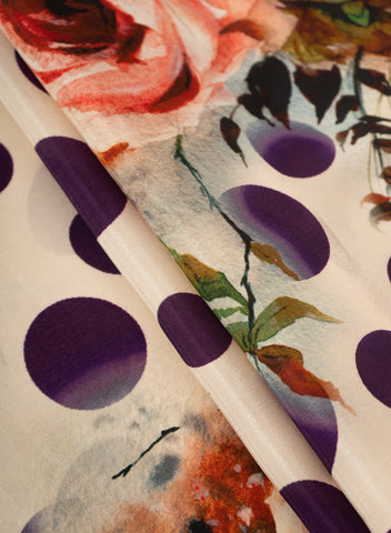 (Pre Cut-1 Meter) Pure Crepe Purple Color Floral With Polka Dots Hybrid Print Fabric.