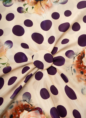 (Pre Cut-1 Meter) Pure Crepe Purple Color Floral With Polka Dots Hybrid Print Fabric.