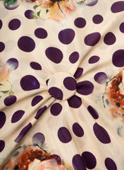 Pure Crepe Purple Color Floral With Polka Dots Hybrid Print Fabric.