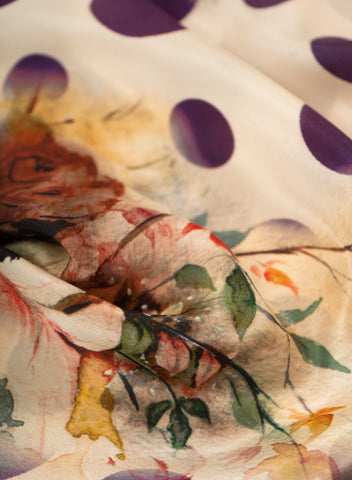 (Pre Cut-1 Meter) Pure Crepe Purple Color Floral With Polka Dots Hybrid Print Fabric.