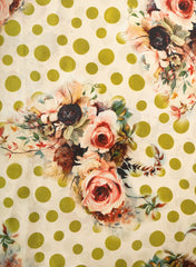 Pure Crepe Lime Green Color Floral With Polka Dots Hybrid Print Fabric.