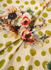 Pure Crepe Lime Green Color Floral With Polka Dots Hybrid Print Fabric.