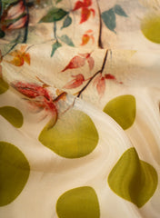 Pure Crepe Lime Green Color Floral With Polka Dots Hybrid Print Fabric.