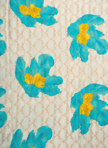 (Precut- 0.75 Meter) Pure Dola Silk Off-White Jacqurad With Big Floral Pattern Fabric.