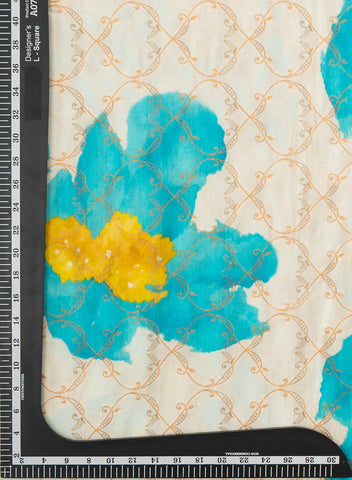 (Precut- 0.75 Meter) Pure Dola Silk Off-White Jacqurad With Big Floral Pattern Fabric.