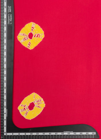 (Pre Cut-2.5 Meter) Pure Modal Satin Magenta And Yellow Geometrical Pattern Tie And Dye Fabric