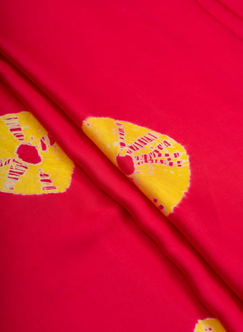 (Pre Cut-2.5 Meter) Pure Modal Satin Magenta And Yellow Geometrical Pattern Tie And Dye Fabric