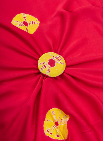 (Pre Cut-2.5 Meter) Pure Modal Satin Magenta And Yellow Geometrical Pattern Tie And Dye Fabric